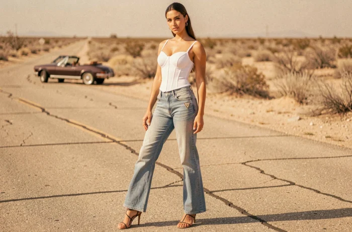 Femme en jean Guess taille basse bootcut bleu clair avec top blanc et logo triangle, style campagne désert glamour années 2000
