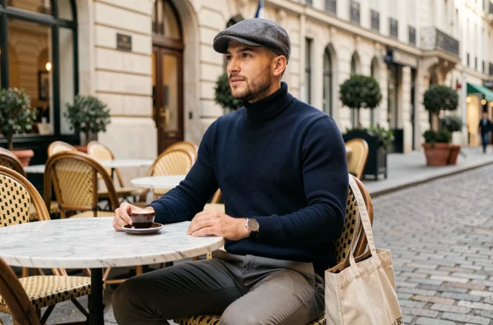 Homme stylé avec casquette et montre minimaliste attablé dans un café parisien, tendances accessoires masculins 2024