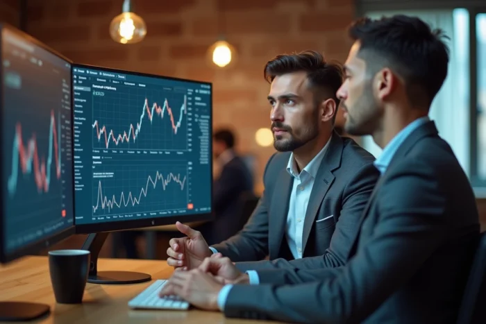 Homme d'affaires analysant des graphiques financiers sur deux écrans dans un espace de coworking moderne, symbolisant les actualités économiques incontournables de 2024
