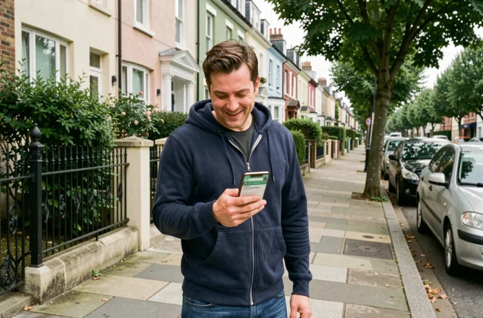 Homme consultant des petites annonces locales sur smartphone dans un quartier résidentiel