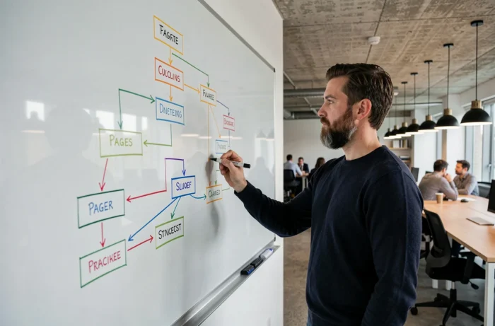 Homme dessinant une arborescence de site web sur un tableau blanc dans un espace de travail moderne