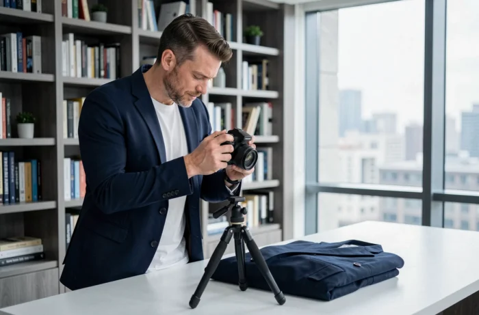 Homme prenant en photo des vêtements de luxe pour les revendre sur une plateforme de mode en ligne depuis son bureau