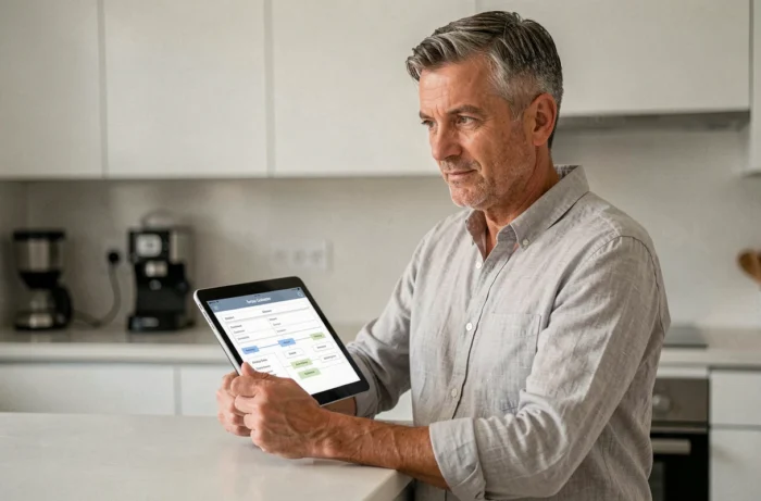 Homme consultant un plan de site sur une tablette dans une cuisine moderne