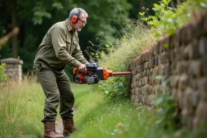 Homme utilisant une débroussailleuse thermique pour entretenir les mauvaises herbes le long d'un mur en pierre dans un jardin résidentiel