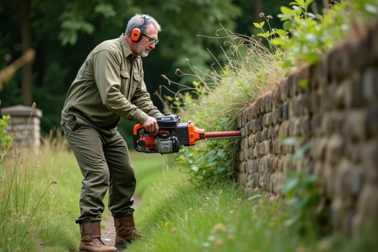 Homme utilisant une débroussailleuse thermique pour entretenir les mauvaises herbes le long d'un mur en pierre dans un jardin résidentiel
