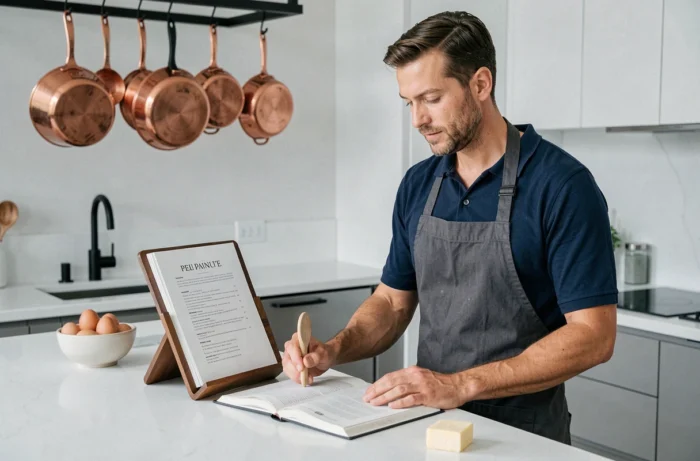 Homme débutant en cuisine consultant une recette imprimée sur un îlot de cuisine moderne avec des ustensiles en cuivre