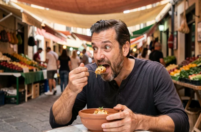 Homme découvrant de nouvelles saveurs dans un marché méditerranéen animé avec des plats locaux traditionnels
