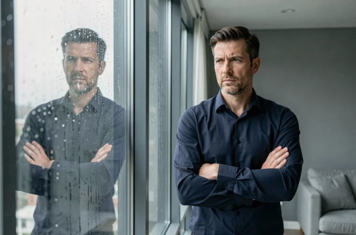 Homme aux bras croisés regardant par la fenêtre sous la pluie, symbolisant le comportement distant et fermé caractéristique du glaçon en relation