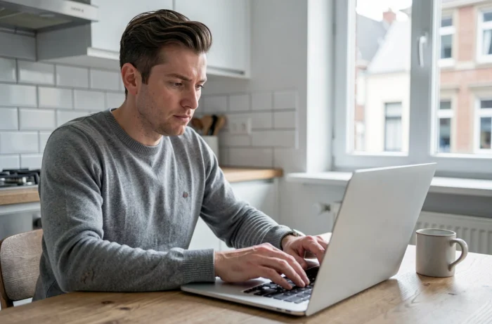 Homme envoyant un email de contact à une émission de santé télévisée belge depuis sa cuisine