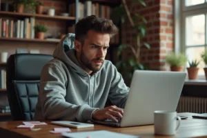 Homme frustré devant un message d'erreur sur son ordinateur portable en cherchant un lien inaccessible