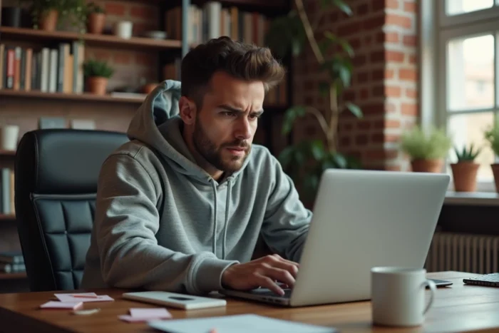 Homme frustré devant un message d'erreur sur son ordinateur portable en cherchant un lien inaccessible