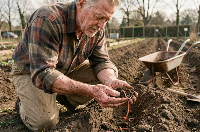 Homme âgé examinant une poignée de terre fertile et de vers de terre dans un jardin potager bien travaillé