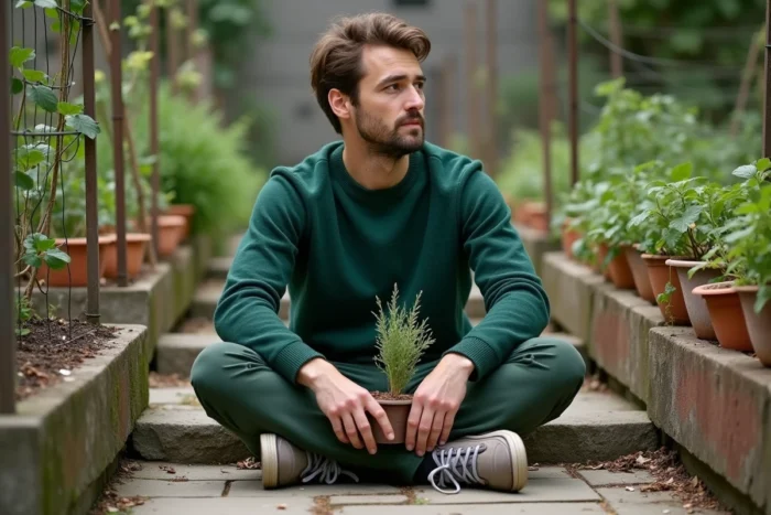 Homme en pull en laine mérinos verte et pantalon en tissu recyclé assis dans un jardin urbain communautaire entouré de plantes grimpantes