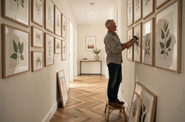 Homme arrangeant un mur galerie avec des cadres et illustrations botaniques dans un couloir d'appartement moderne