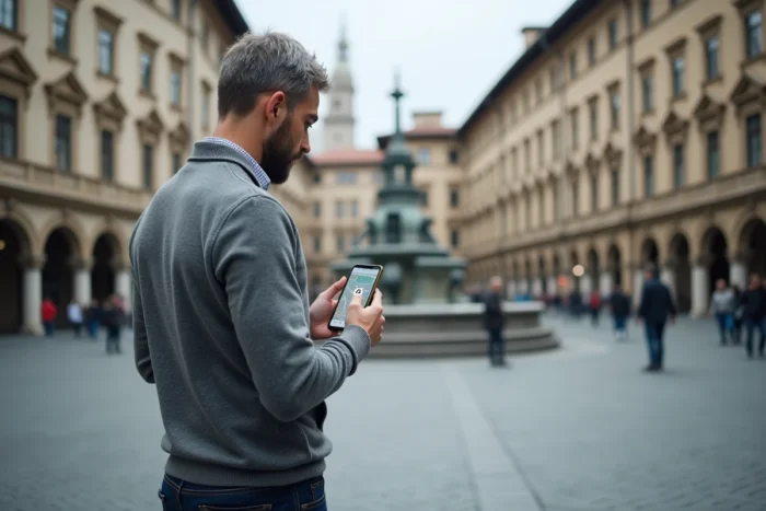 Un homme utilise l'application Gozmap mise à jour en 2026 sur smartphone dans une place urbaine européenne