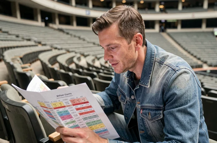 Homme consultant le plan de salle de Bercy Arena pour choisir ses places avant un concert, sièges vides en arrière-plan