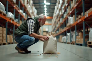 Homme examinant des sacs de pellets en rayon dans un magasin Brico Dépôt