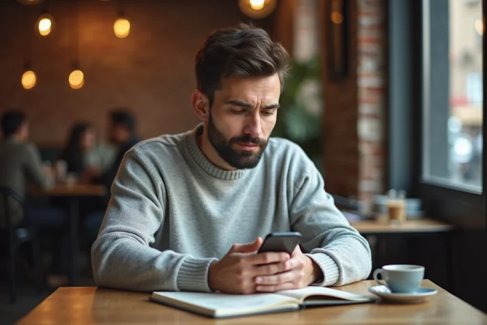 Homme consultant son code CPF sur smartphone dans un café avec un carnet de notes ouvert