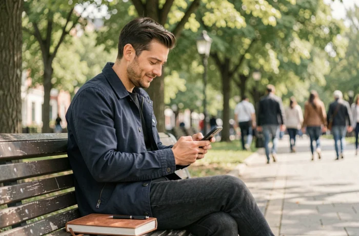 Jeune homme consultant son smartphone dans un parc urbain lors d'une recherche d'emploi en plein air avec sérénité