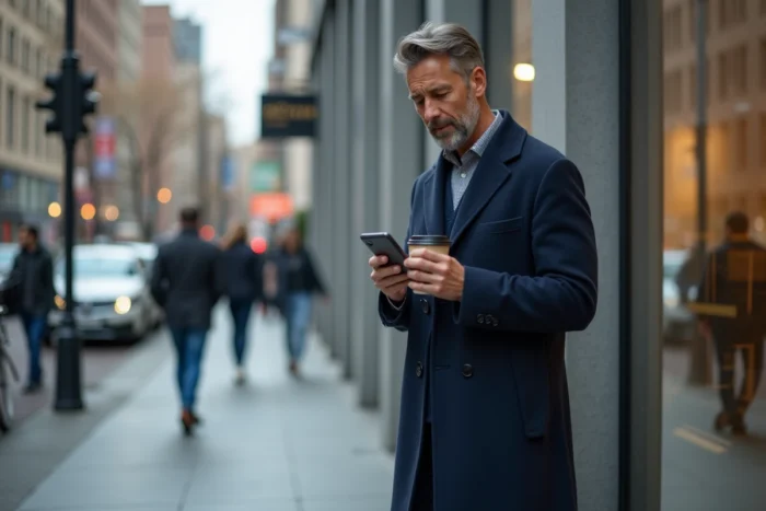 Homme consultant une application d'offres d'emploi sur smartphone en ville