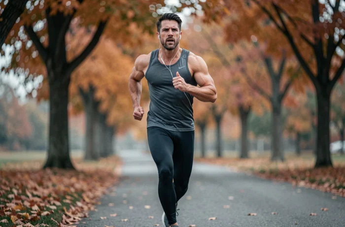 Homme en tenue de sport courant dans un parc avec des écouteurs, musique motivante pour l'entraînement quotidien
