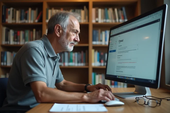 Homme retraité configurant AOL Mail en français sur un ordinateur de bureau dans une bibliothèque publique