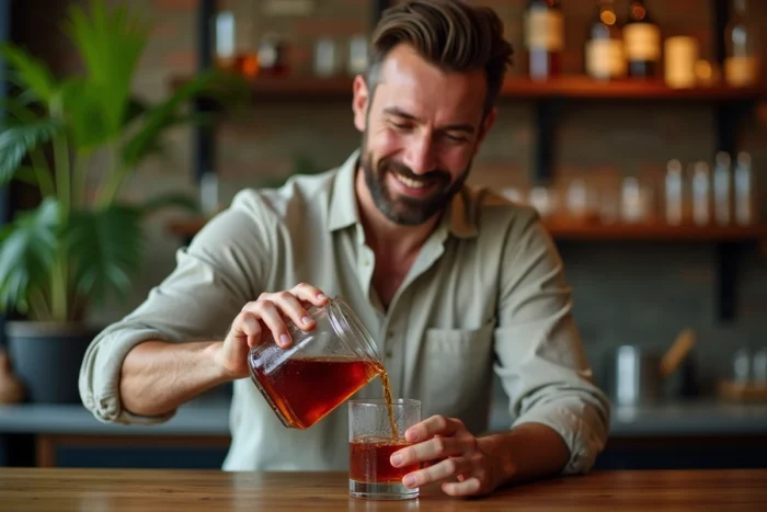 Homme versant un rhum arrangé artisanal dans un verre à dégustation dans un bar à domicile chaleureux
