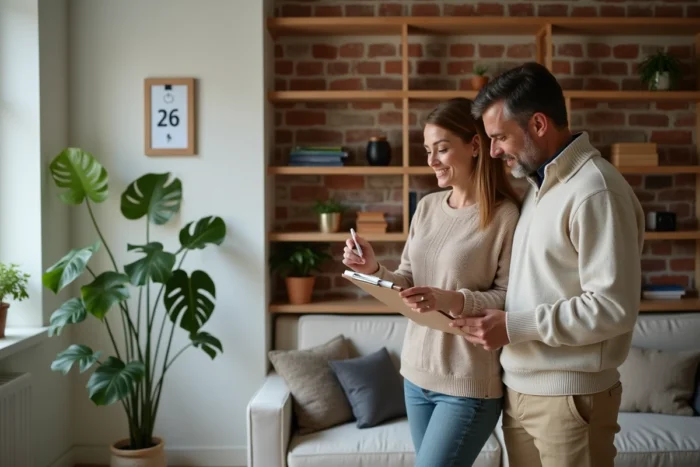 Couple vérifiant le thermostat et établissant une liste d'entretien dans un salon confortable avec brique apparente et bibliothèque en bois