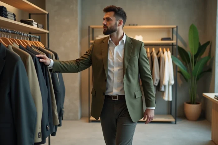 Homme stylé en blazer vert olive dans un concept store minimaliste, inspirations mode masculine tendance