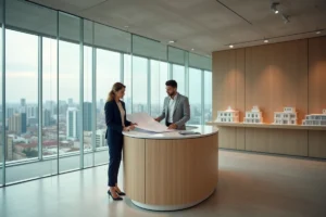 Intérieur moderne d'une agence immobilière avec une conseillère et un client discutant de plans architecturaux au bureau de réception