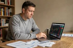 Homme frustré devant un écran montrant des pertes sur une plateforme d'investissement en ligne comme eToro