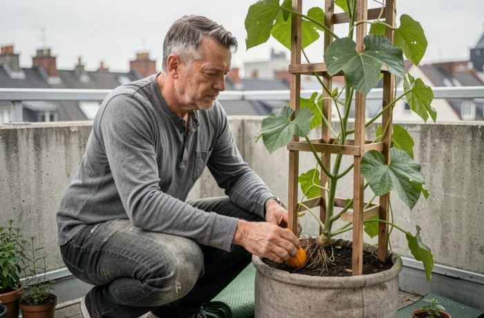 Jardinier urbain inspectant les racines d'une courge butternut en pot sur un balcon avec treillis vertical en palette