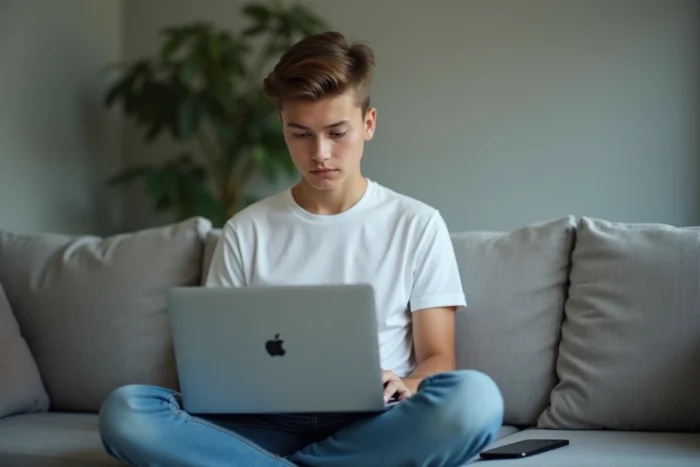 Jeune adulte sur un canapé utilisant un ordinateur portable et un smartphone pour retrouver l'accès à Snapchat