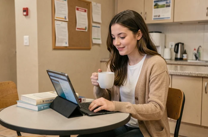 Jeune enseignante consultant le webmail académique sur une tablette dans la salle des professeurs