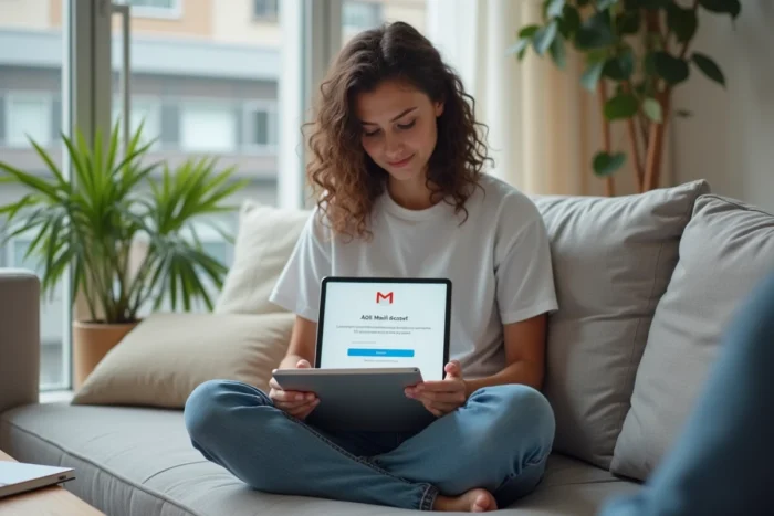 Jeune femme assise sur un canapé configurant AOL Mail en français sur une tablette dans un salon moderne