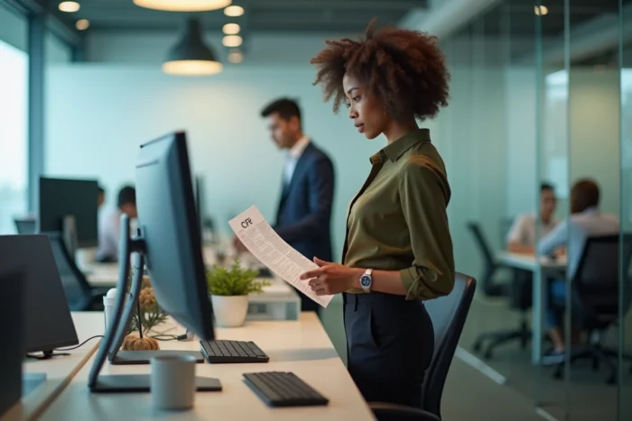 Jeune femme en open space consultant un document CPF imprimé devant son ordinateur de bureau