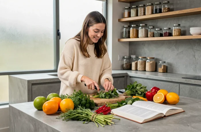 Jeune femme préparant des ingrédients exotiques sur un ilôt de cuisine moderne avec herbes et épices fraîches