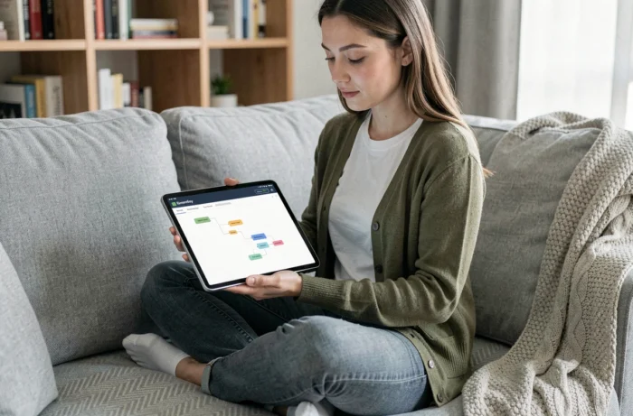 Jeune femme consultant un plan de site numérique sur une tablette dans un salon cosy