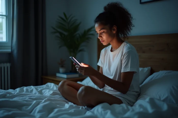 Jeune femme assise sur son lit la nuit en train d'écrire un SMS sur son téléphone