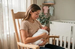 Jeune maman tenant son nouveau-né emmailloté dans une chambre de bébé douce et organisée avec berceau en bois et plante verte