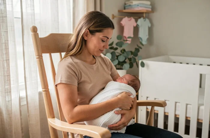 Jeune maman tenant son nouveau-né emmailloté dans une chambre de bébé douce et organisée avec berceau en bois et plante verte
