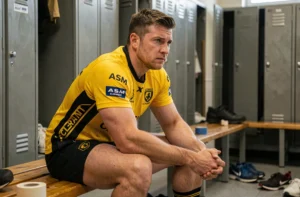 Joueur de rugby de l'ASM Clermont assis seul dans les vestiaires avec une expression pensive, illustrant l'impact psychologique des rumeurs de transfert sur les joueurs