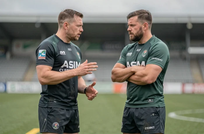 Deux joueurs de l'ASM Clermont en discussion sérieuse lors d'un entraînement, symbolisant les tensions au sein de l'effectif liées aux rumeurs de transfert en rugby