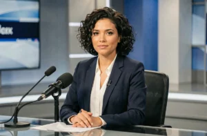 Journaliste professionnelle en plateau de télévision, représentant une journaliste de chaîne d'information en continu