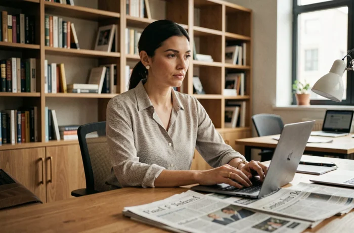 Journaliste travaillant dans une rédaction moderne, entourée de documents et d'un ordinateur portable