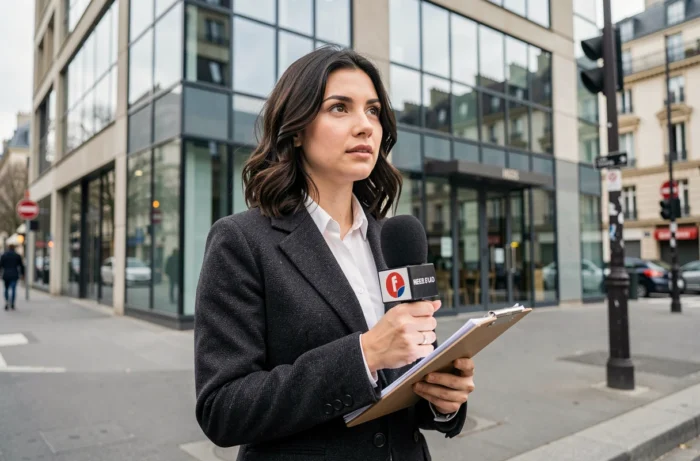 Journaliste en reportage extérieur à Paris, microphone en main devant un bâtiment moderne