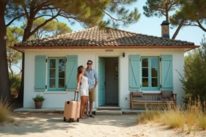 Couple arrivant devant une location de vacances côtière près de Montalivet pour le Show Bike 2026