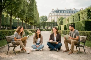 Groupe de Français adultes profitant de différents loisirs dans un parc urbain animé