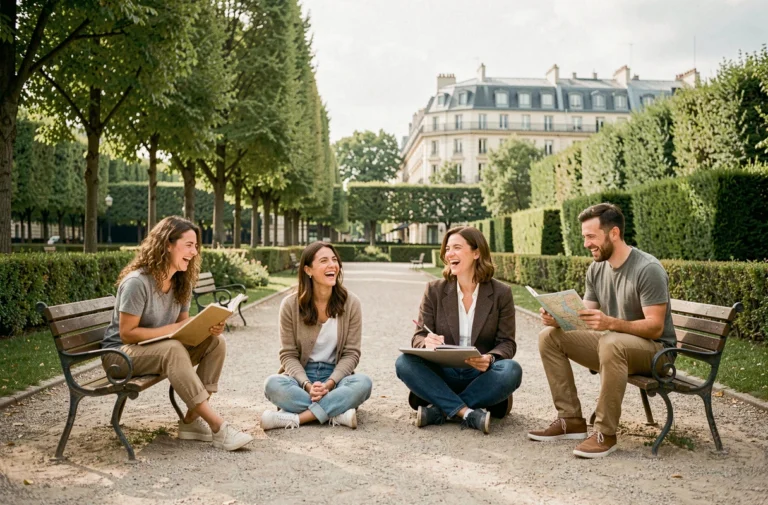 Groupe de Français adultes profitant de différents loisirs dans un parc urbain animé