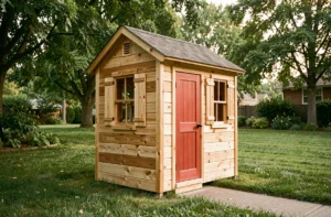Maisonnette en bois installée dans un jardin suburban entourée d'herbe verte et d'arbres, idéale pour les enfants